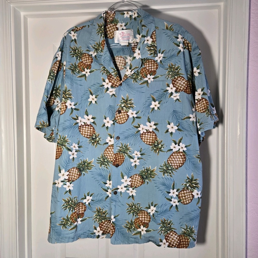 Hawaii Hangover Vintage Cotton Mens Shirt 3XL Blue Floral‎ Pineapple USA